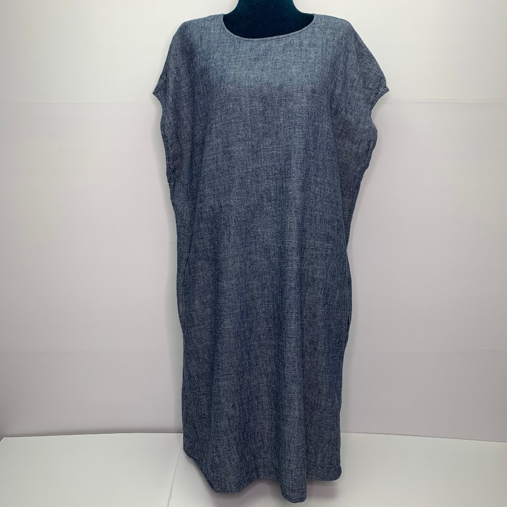 Eileen Fisher Dress XL Blue Chambray Shift Short Sleeve Pockets